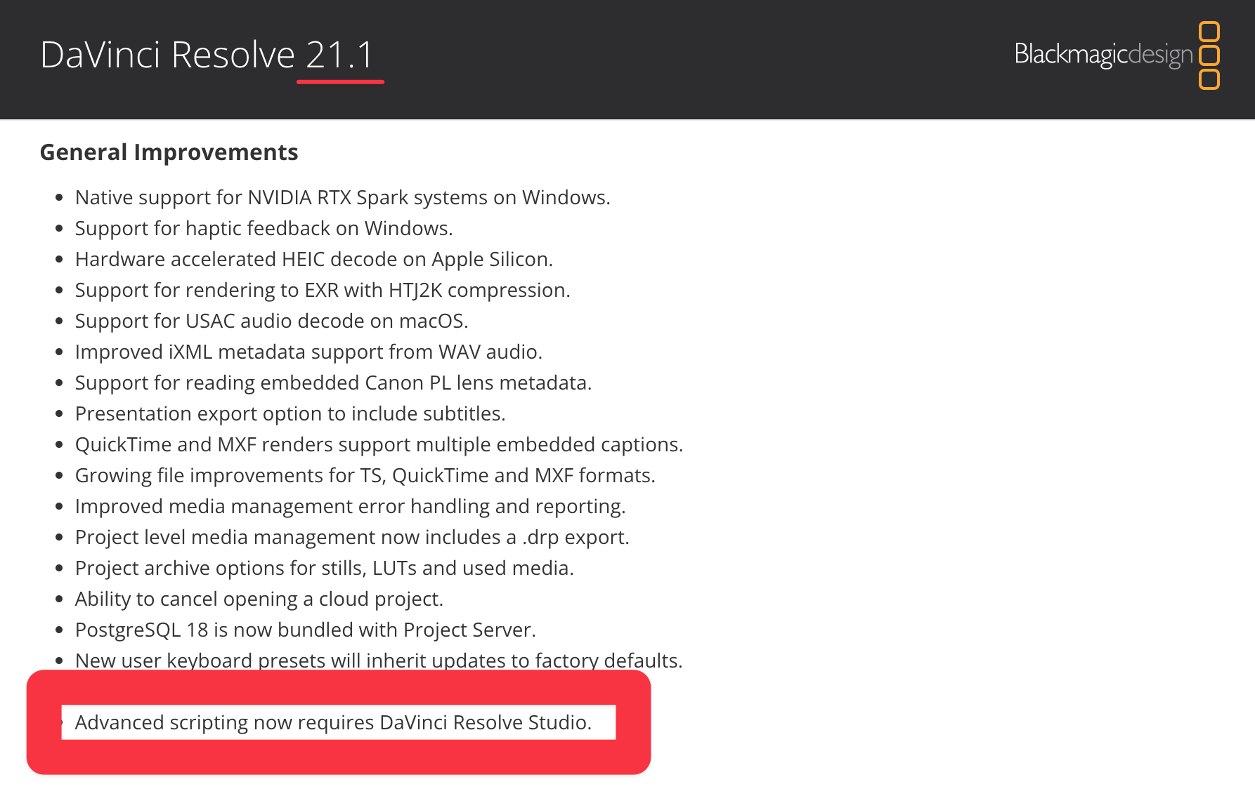 Mise en évidence dans le journal des modifications de DaVinci Resolve 21.1 : les scripts avancés nécessitent désormais DaVinci Resolve Studio.
